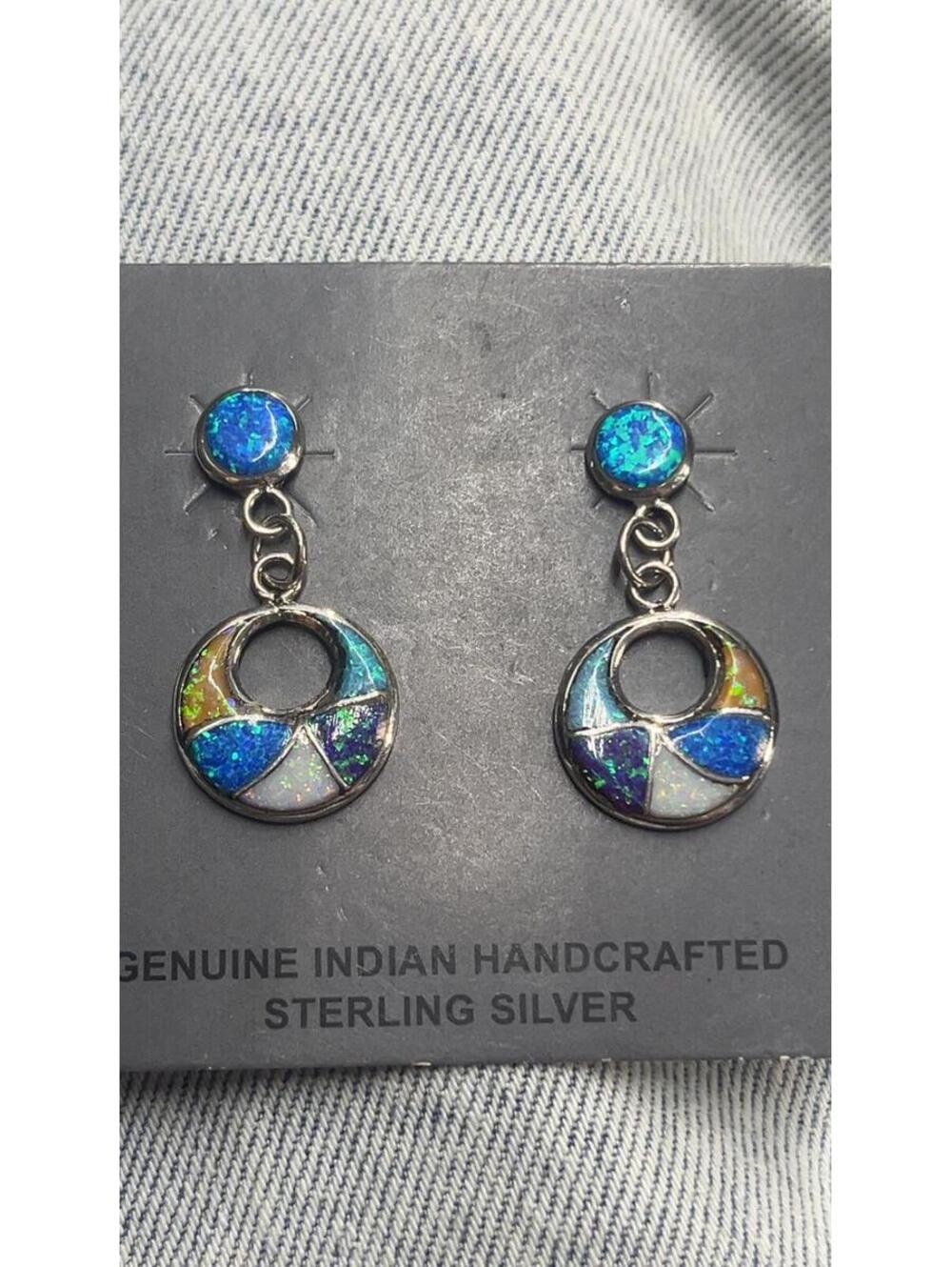 Native American Zuni handmade sterling silver opal earrings inlay -Delorna Lahi